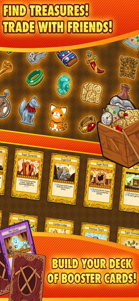 Pocket Mine 2 - Pocket Mine 2 game screen displaying collectible artifacts for trading and strategic booster cards for deck building.