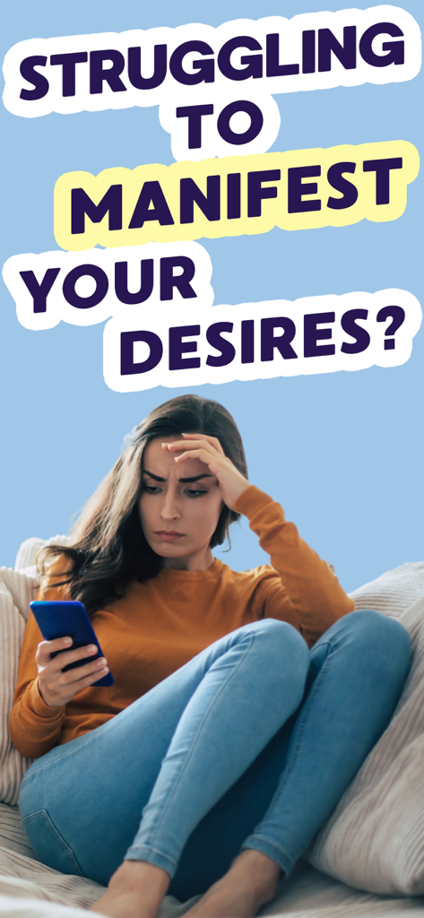 願望の実現に苦労しているかと尋ねるテキストとともに、心配そうな顔で携帯電話を見ている女性