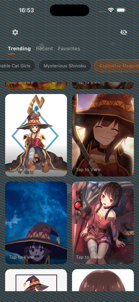 hianime anime tv - The trending gallery screen of the hianime app featuring a grid of high-definition anime character wallpapers
