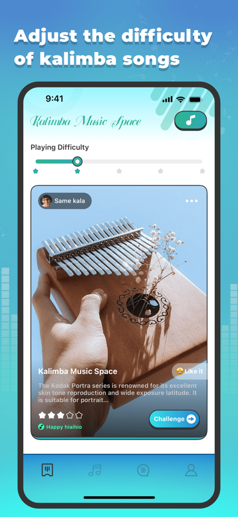 Mobile app interface showing playing difficulty adjustment for kalimba songs and a community post with a wooden kalimba