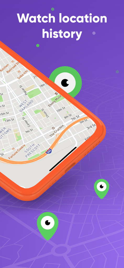 Ecrã de smartphone mostrando o mapa de histórico de localização na aplicação Kidgy