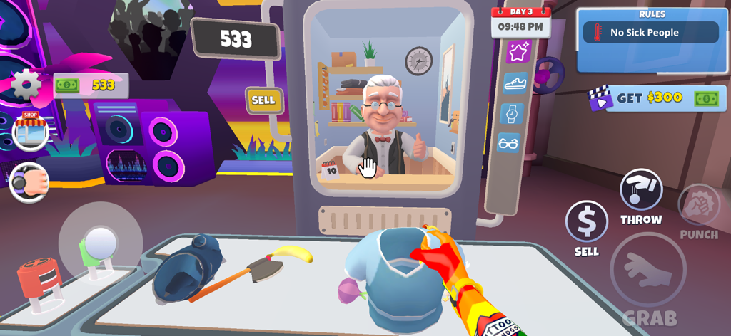 Gameplay screenshot of Guard Life Nightclub 3D showing item inspection and security rules at the club entrance