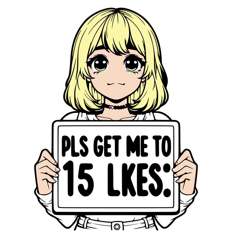 realistic girl holding up a sign that says “pls get me to 15 likes!”