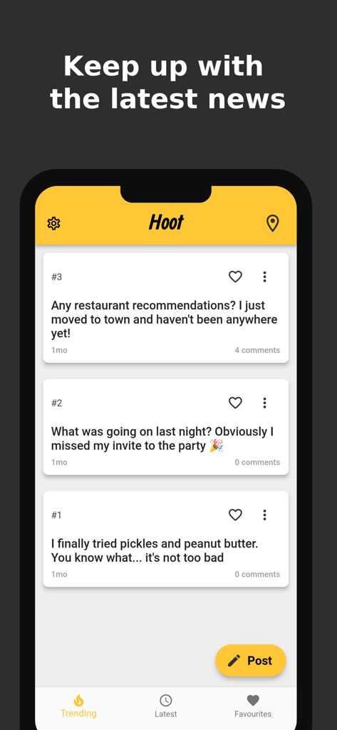 Hoot - Social Made Local - Hoot app interface showing a feed of anonymous local posts and trending community news.