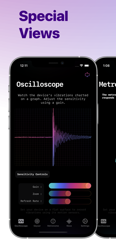 Sismo app oscilloscope view showing a real time vibration graph and sensitivity controls