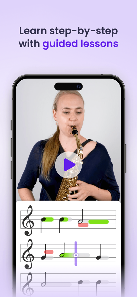 A woman playing saxophone in a guided video lesson with interactive sheet music feedback.