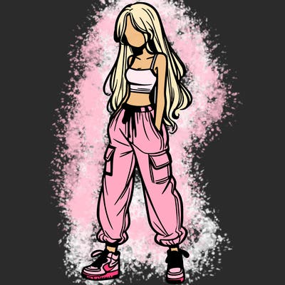 girl in baggy pants crop top and long hair
