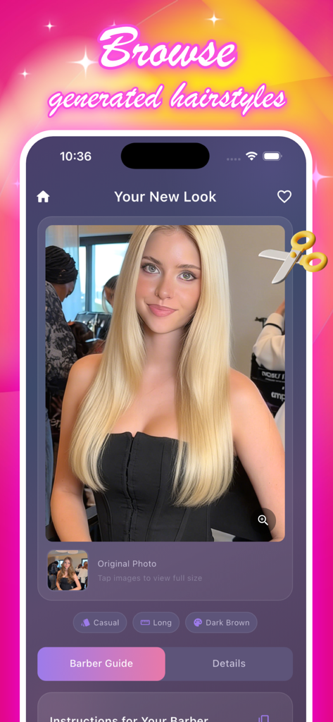 Silk - Your AI Hair Stylist - A mobile app interface from Silk showing an AI generated long blonde hairstyle preview with a button for a professional stylist guide.
