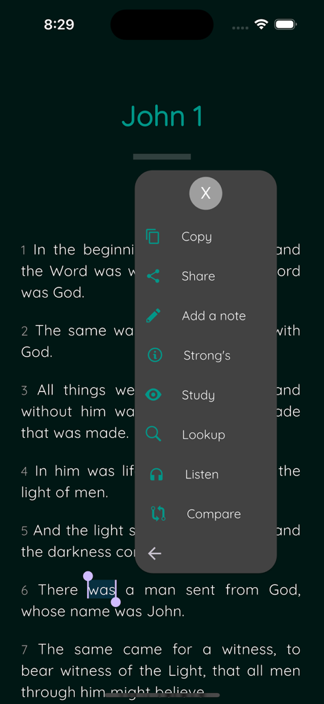 ionBible: Read, Study & Listen - The ionBible app showing a context menu with study options including Strongs concordance and notes for a selected verse in John chapter 1.