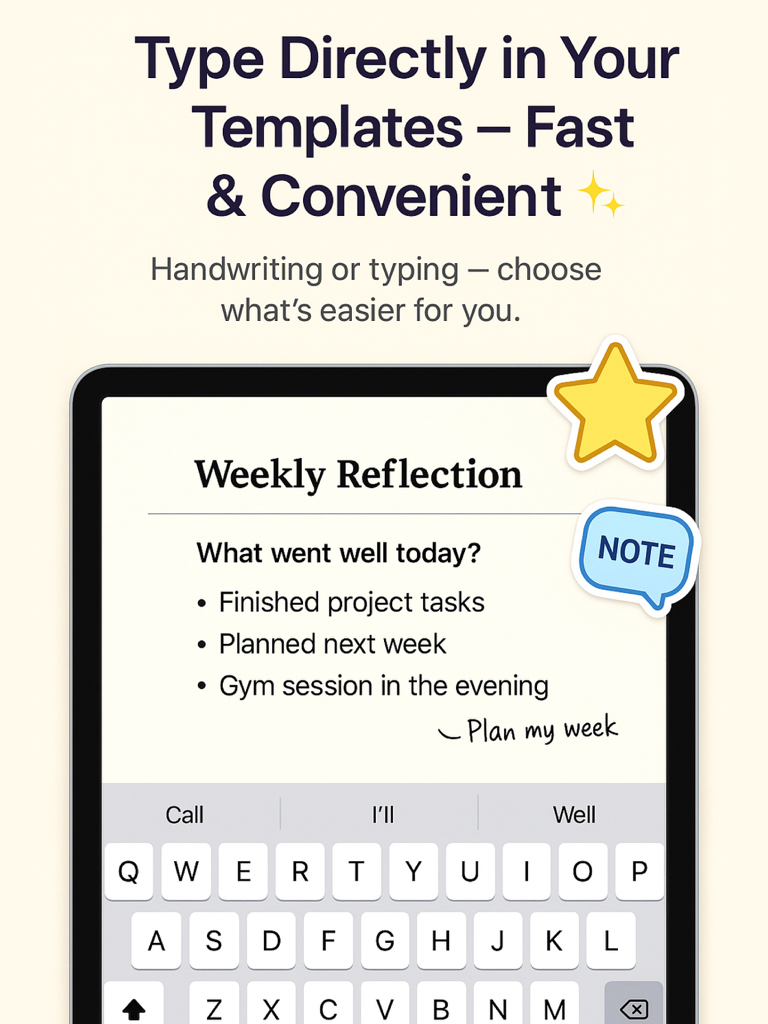 Écran d'iPad affichant un modèle de réflexion hebdomadaire avec des points tapés et un clavier numérique