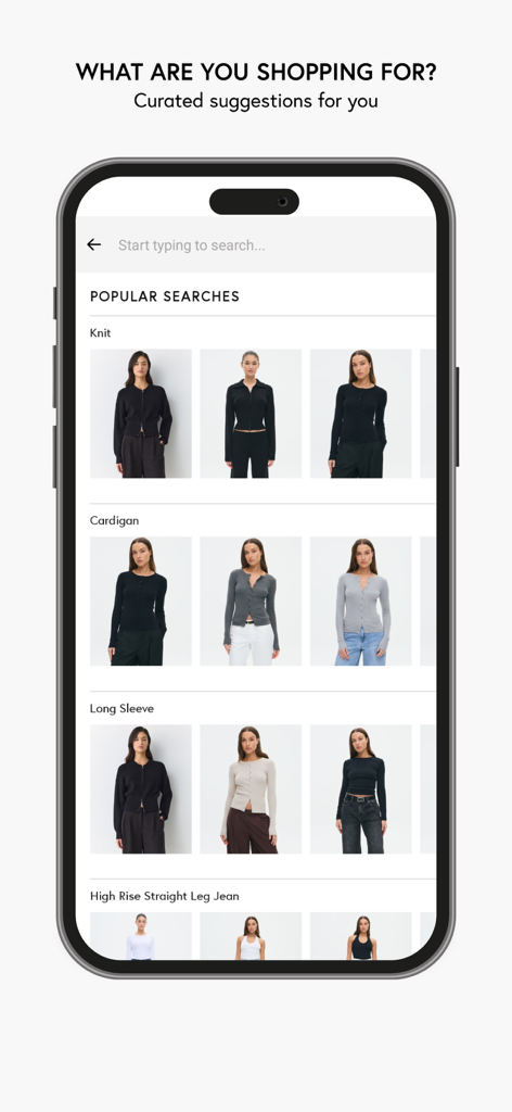 Glassons - Glassons app search screen displaying popular clothing categories and curated fashion suggestions for women.