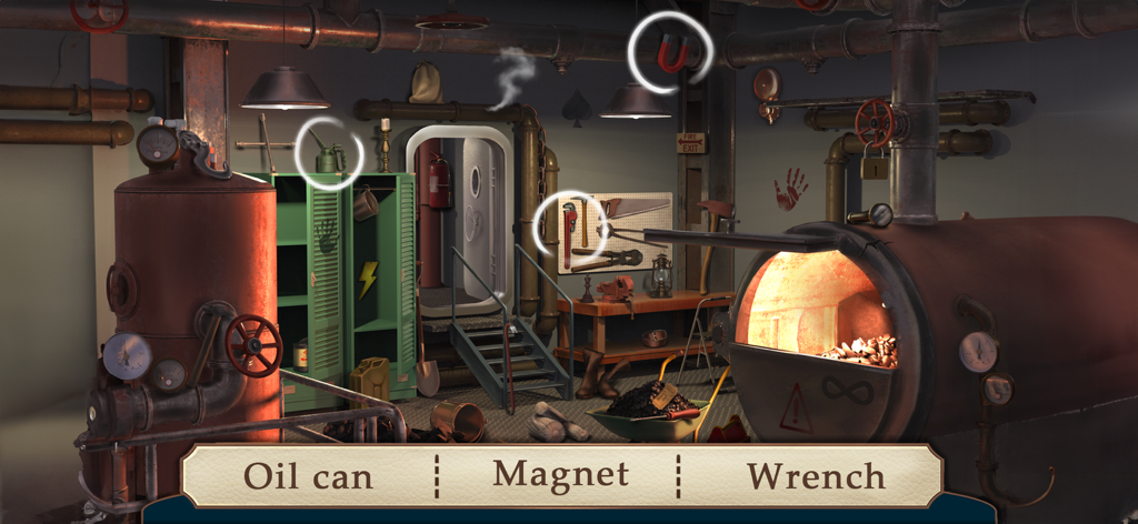 Mary's Mystery: Hidden Object - A hidden object puzzle scene set in a 1920s industrial boiler room
