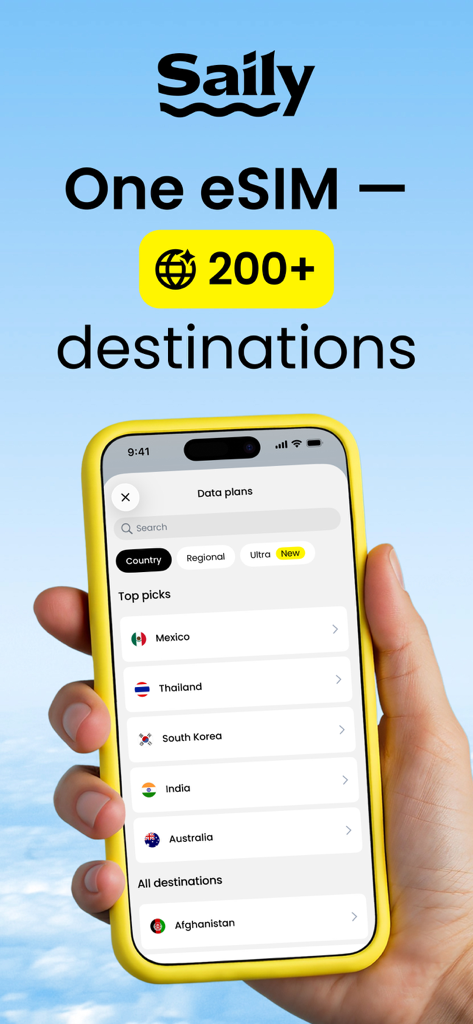 Interface de l'application Saily affichant des forfaits de données eSIM internationaux pour plusieurs destinations de voyage