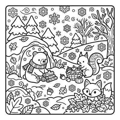 Step into a whimsical world where autumn leaves meet gentle snowflakes in this delightful Kawaii coloring page. Join a charming bear, squirrel, and fox as they prepare for the cozy season, offering endless coloring fun.