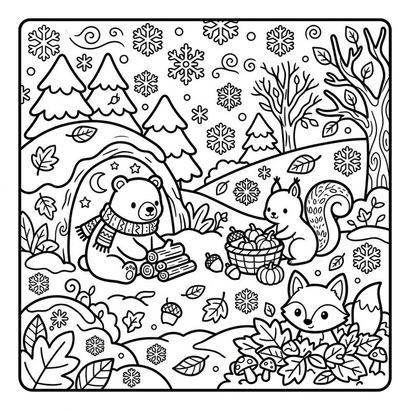 Step into a whimsical world where autumn leaves meet gentle snowflakes in this delightful Kawaii coloring page. Join a charming bear, squirrel, and fox as they prepare for the cozy season, offering endless coloring fun.