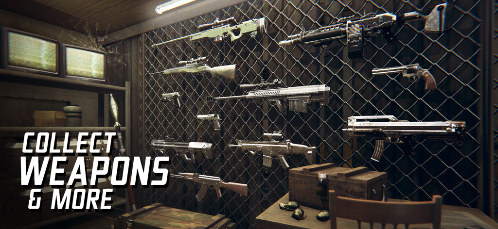 Zombie Sniper War 3D: Dead FPS - Una colección de rifles de francotirador y pistolas en una pared del juego