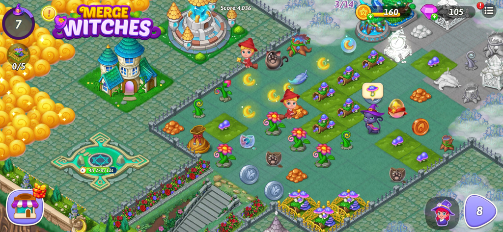 Merge Witches-Fun Puzzle Game - Captura de pantalla del juego de Merge Witches que muestra una ciudad celestial mágica con personajes y objetos adorables para fusionar