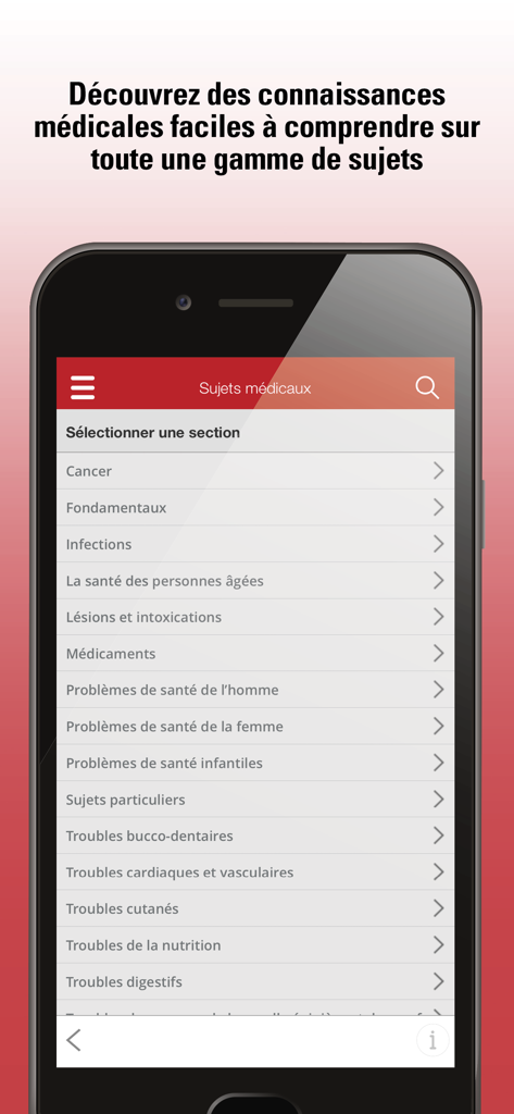 Le Manuel MSD grand public - Capture d'écran de l'application Manuel MSD affichant une liste de sujets médicaux en français