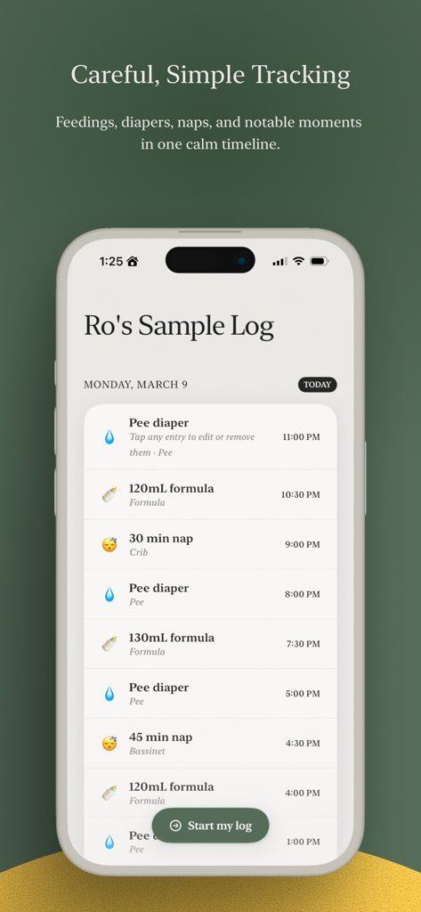 BabyRo — Simple Baby Tracker - Screenshot of the BabyRo app showing a simple timeline log of feedings, diapers, and naps.