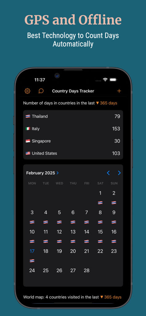 Country Days Tracker - Interface de l'application Country Days Tracker montrant une liste de pays visités avec le nombre de jours et un calendrier de voyage.