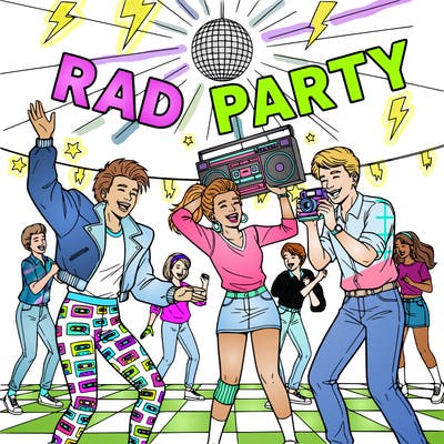 a group of teenagers at a school party with an 80s theme.  they are laughing, dancing, posing for pictures