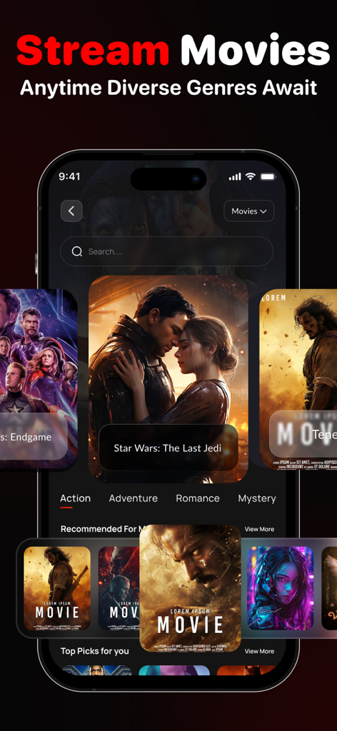 IPTV Smarters app interface showing a movie library with categories like Action and Romance on a smartphone