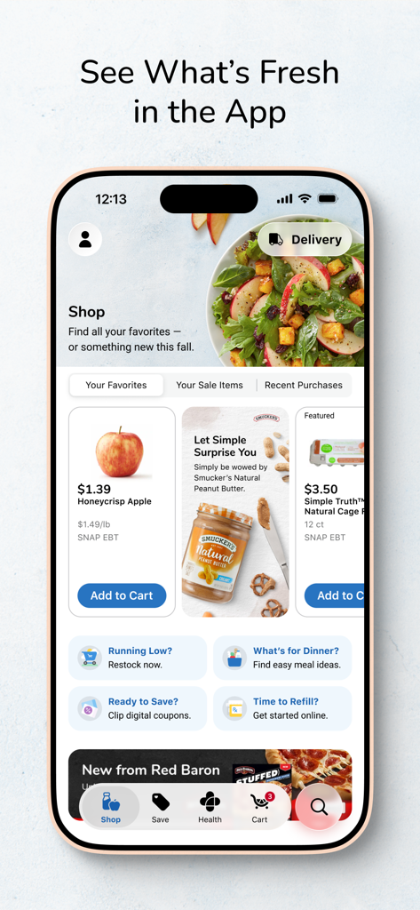 Kroger mobile app interface showing grocery items digital coupons and delivery options