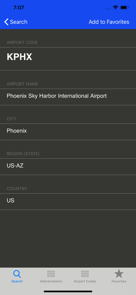 Resultados de búsqueda del código de aeropuerto KPHX en la aplicación Acrónimos de Aviación