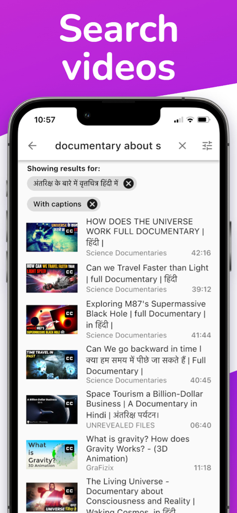 Lingvotube: Video translator - Lingvotube app interface showing video search results for documentaries with translated subtitles and captions.