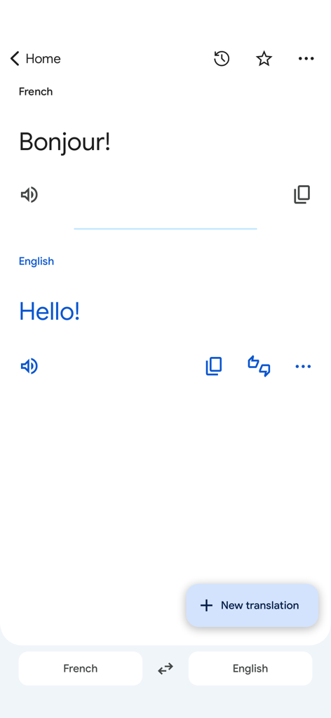 Interface de l'application Google Traduction montrant la traduction du mot Bonjour du français vers l'anglais