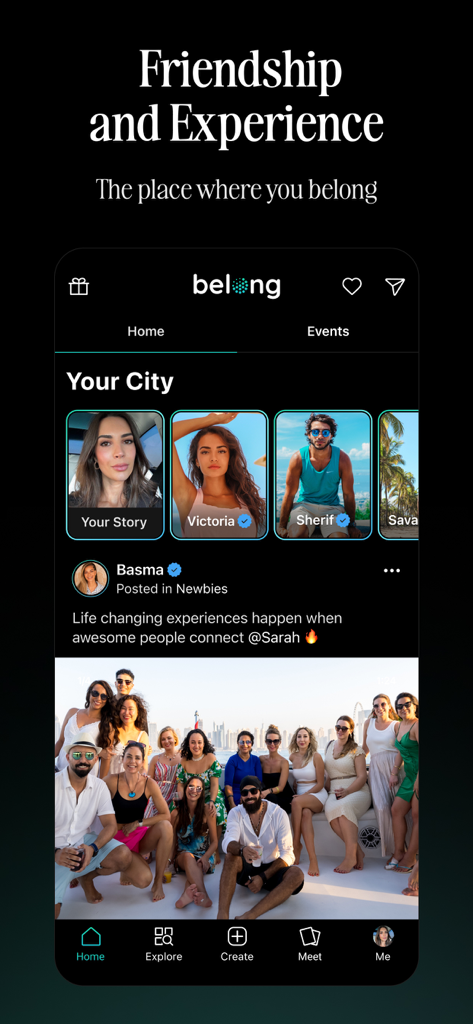 Belong - Meet New People - Interface do aplicativo Belong exibindo histórias de usuários locais e um grupo de amigos em um evento social