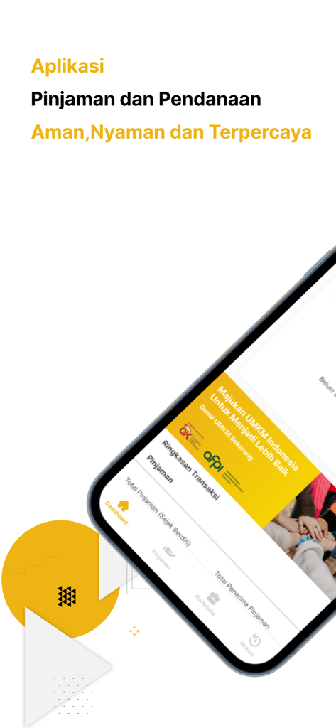 Intro screen and mobile dashboard of KlikUMKM, an Indonesian loan and funding app