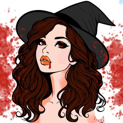 realistic witch girl with wavy hair and lips