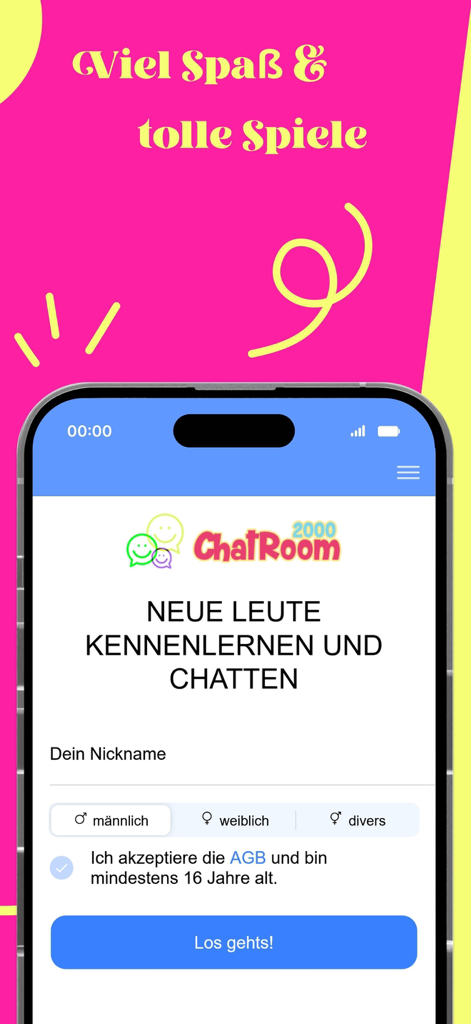 ChatRoom2000 - Chat & Flirt - The login screen of ChatRoom2000 showing a field for a nickname and gender selection for anonymous chatting.