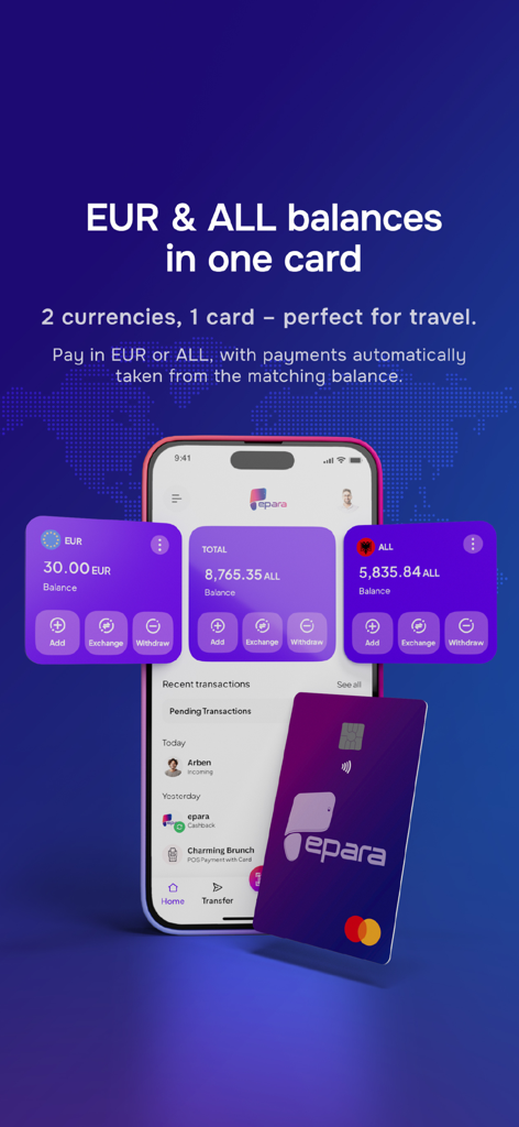 epara - Mobile screen of epara app showing Euro and Albanian Lek balances with a physical Mastercard