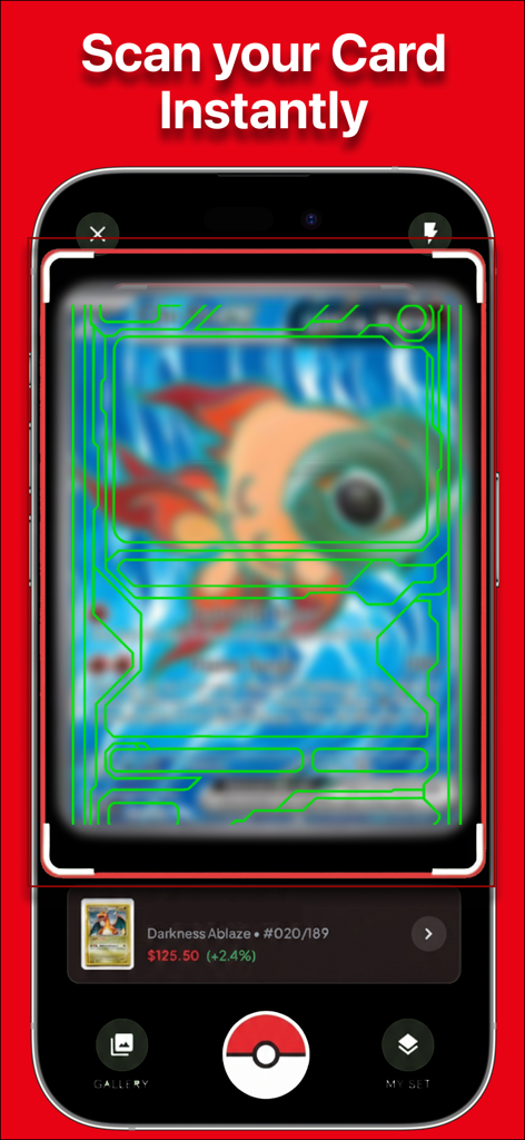 Mobile app interface showing an instant AI scan of a Pokemon card with real time market price valuation