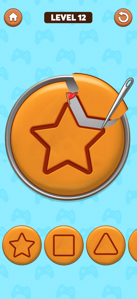 AntiStress Fidget Pop It Games - Una pantalla de juego móvil que muestra una actividad satisfactoria de tallado de caramelo dalgona con una forma de estrella y una aguja.