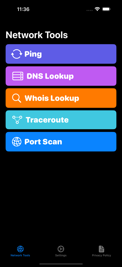 NetProbe - NetProbe app menu screen displaying buttons for Ping, DNS Lookup, Whois Lookup, Traceroute, and Port Scan