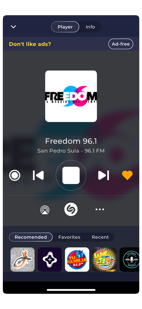 Radio Honduras Live FM AM - Radio player screen of the Radio Honduras Live app showing Freedom 96.1 FM station