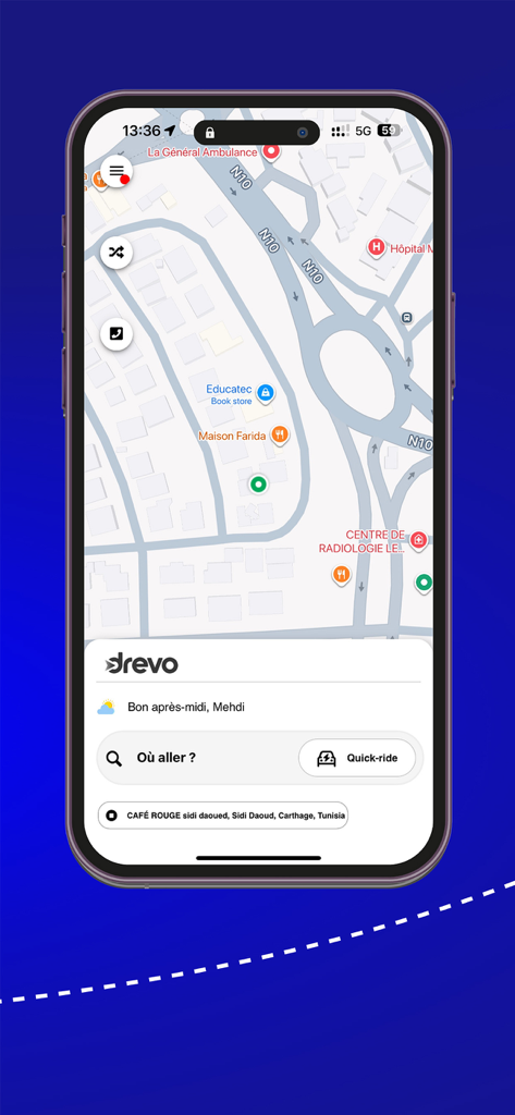 Drevo - Drevo ride hailing app interface showing a map and destination search bar on a smartphone