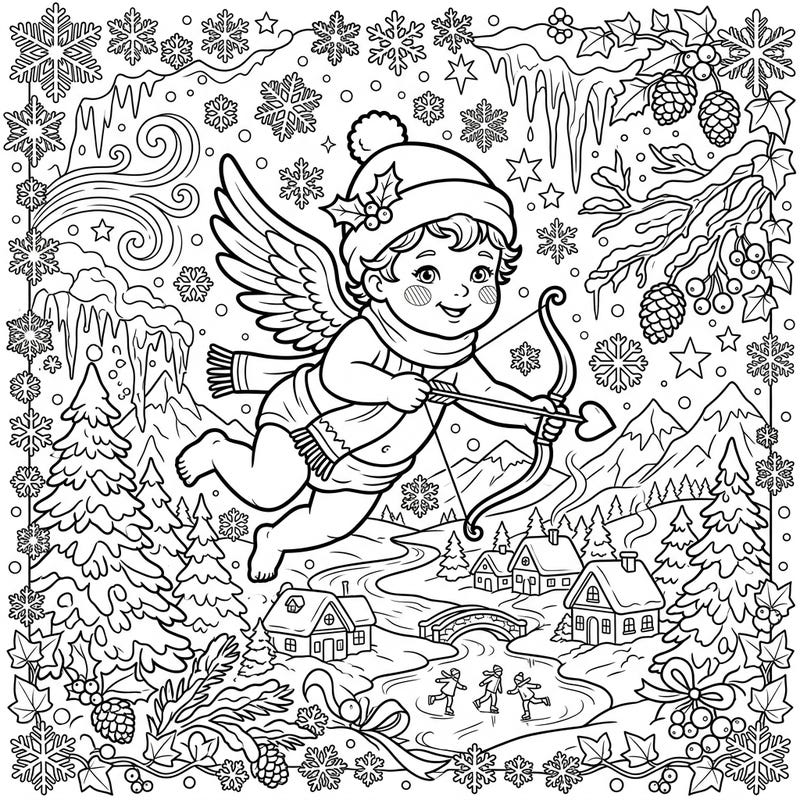 Unleash your creativity with this enchanting Cherub Cupid coloring page, set against a magical winter wonderland backdrop. Discover a festive scene filled with delicate snowflakes, a cozy village, and delightful details waiting for your artistic touch.