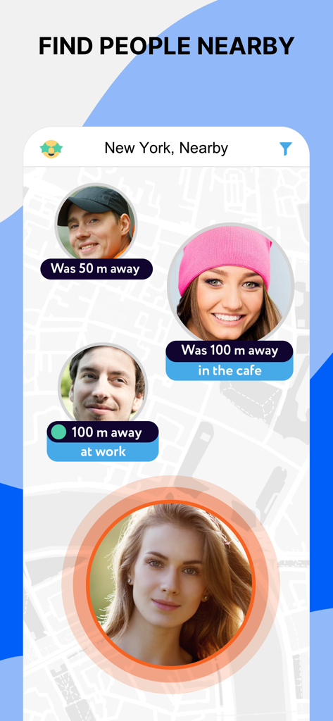 Love Mail.Ru dating app interface showing users nearby in New York with distance indicators