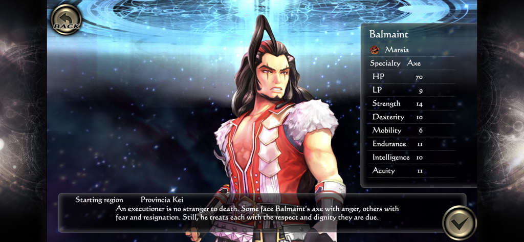 Character profile of Balmaint showing attributes and stats in SaGa SCARLET GRACE AMBITIONS