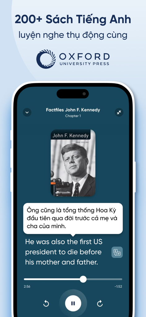 Fonos: Sách nói & PodCourse - Fonos app screen showing an English learning audiobook with bilingual subtitles and Oxford University Press logo