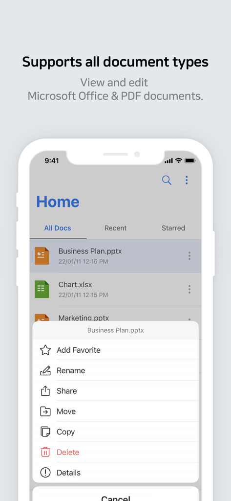 Benutzeroberfläche der Polaris Office Mobile App mit einer Liste von Dokumenten und Dateiverwaltungsoptionen