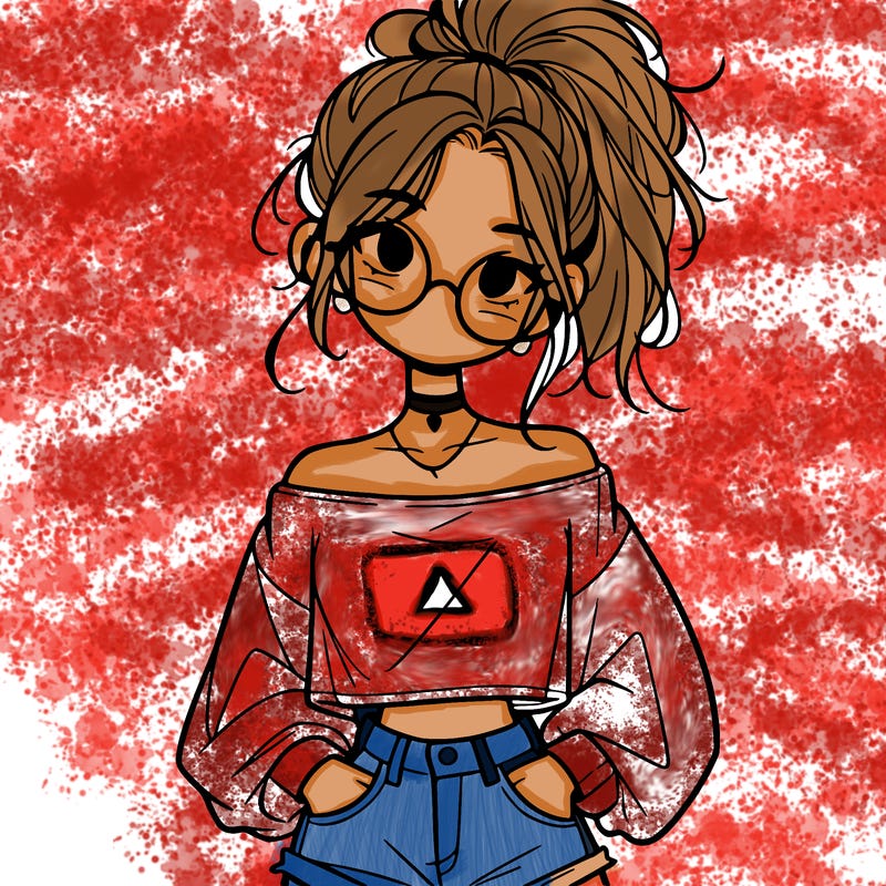 girl with a messy ponytail glasses a baggy crop top and jean shorts