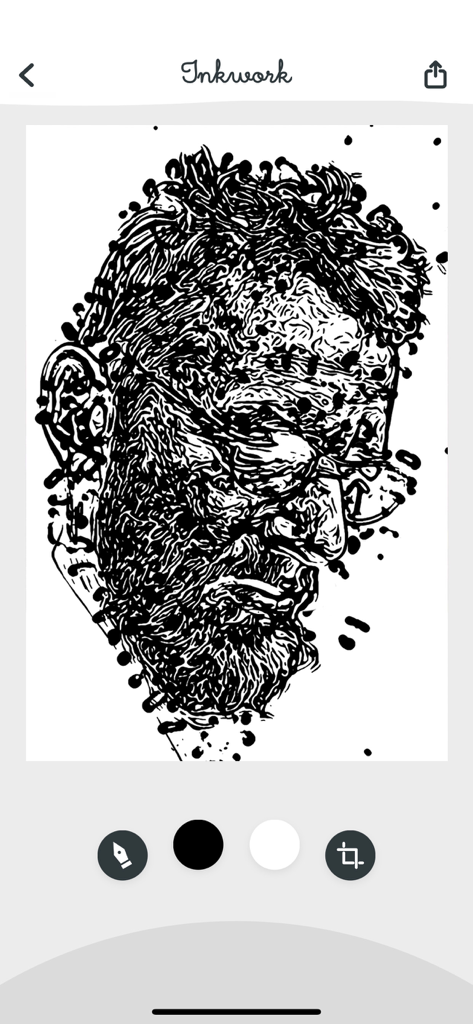 Inkwork - Portrait of a man transformed into a black and white ink drawing using the Inkwork app interface