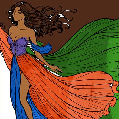 realistic woman in dress flowing the the wind