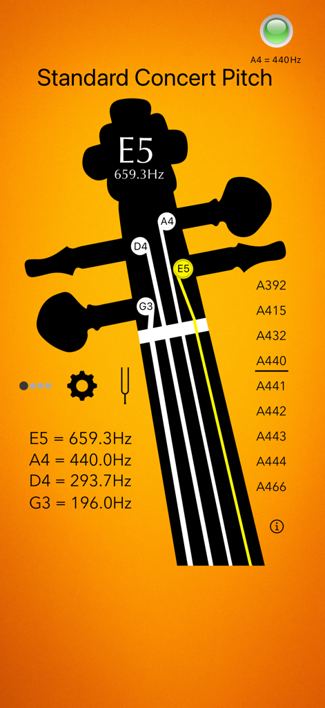 Screenshot of Violin Tuner Basic app showing a violin headstock with frequencies in Hertz and a tuning indicator on an orange background
