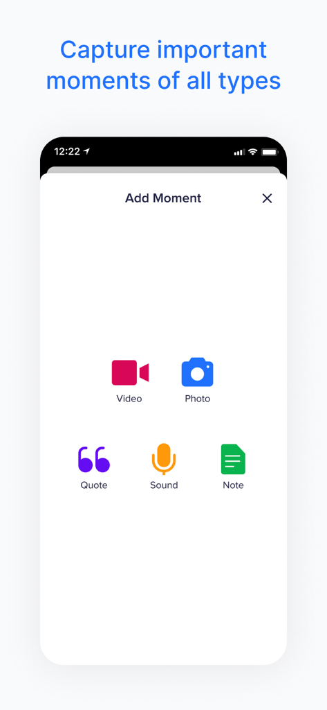 A screenshot of the Notabli app showing different ways to capture family moments including video photo quote sound and note